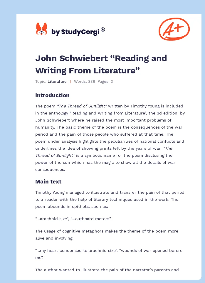 John Schwiebert “Reading and Writing From Literature”. Page 1