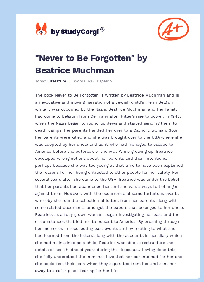 "Never to Be Forgotten" by Beatrice Muchman. Page 1