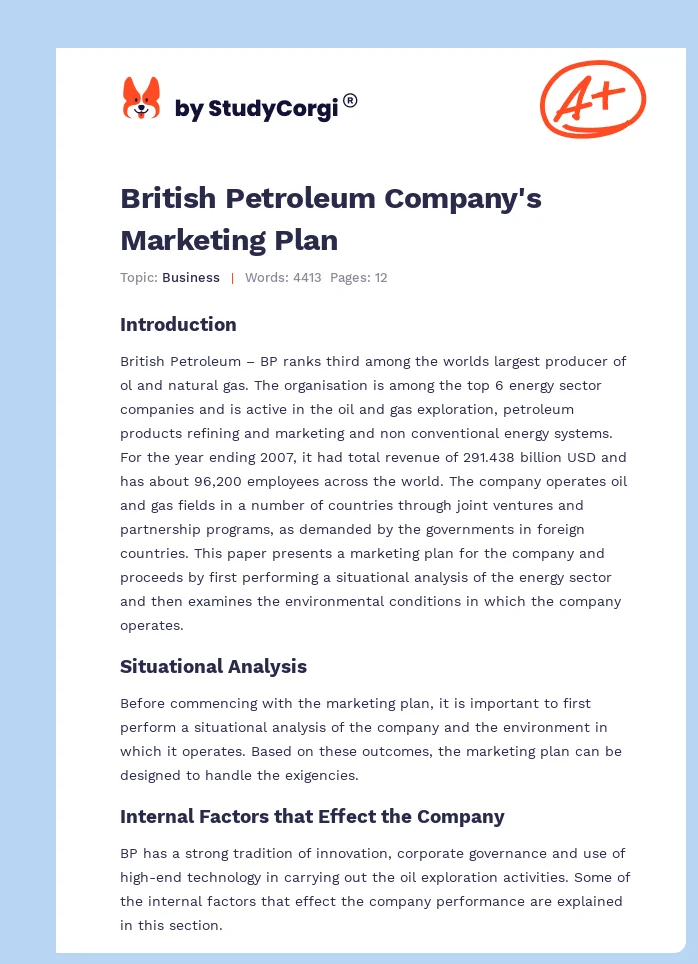 British Petroleum Company's Marketing Plan. Page 1
