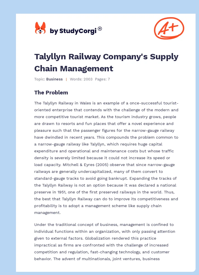 Talyllyn Railway Company's Supply Chain Management. Page 1