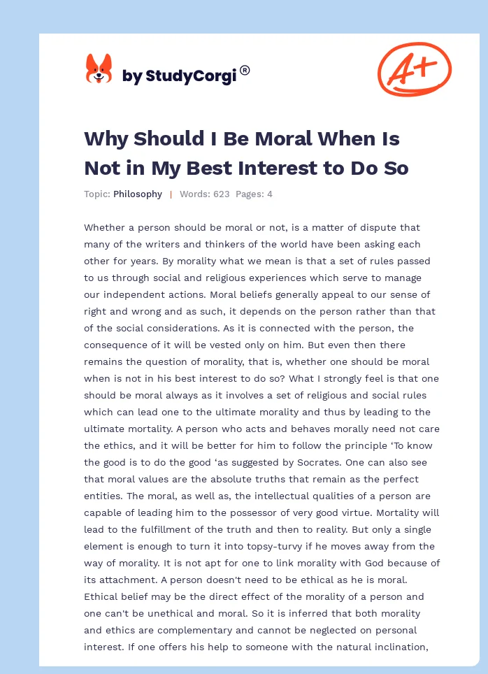 Why Should I Be Moral When Is Not in My Best Interest to Do So. Page 1