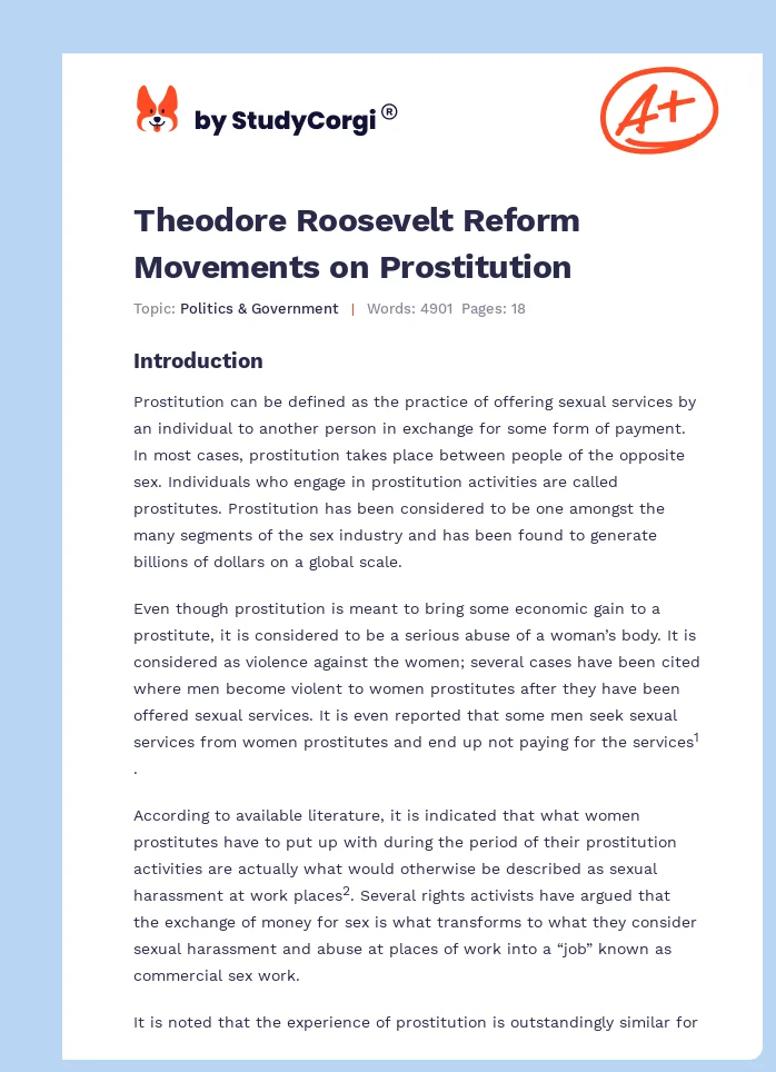 Theodore Roosevelt Reform Movements on Prostitution. Page 1