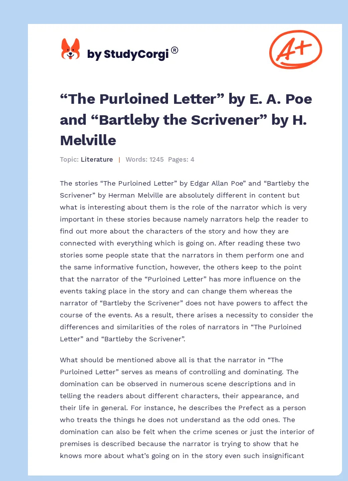 “The Purloined Letter” by E. A. Poe and “Bartleby the Scrivener” by H. Melville. Page 1