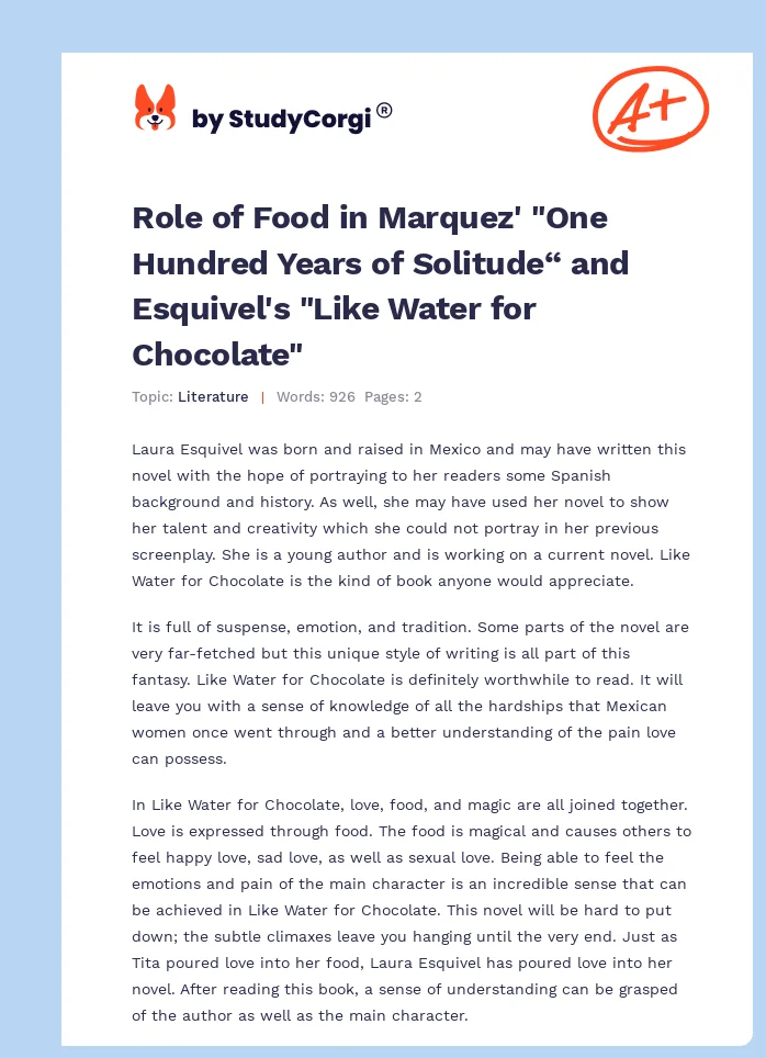 Role of Food in Marquez' "One Hundred Years of Solitude“ and Esquivel's "Like Water for Chocolate". Page 1