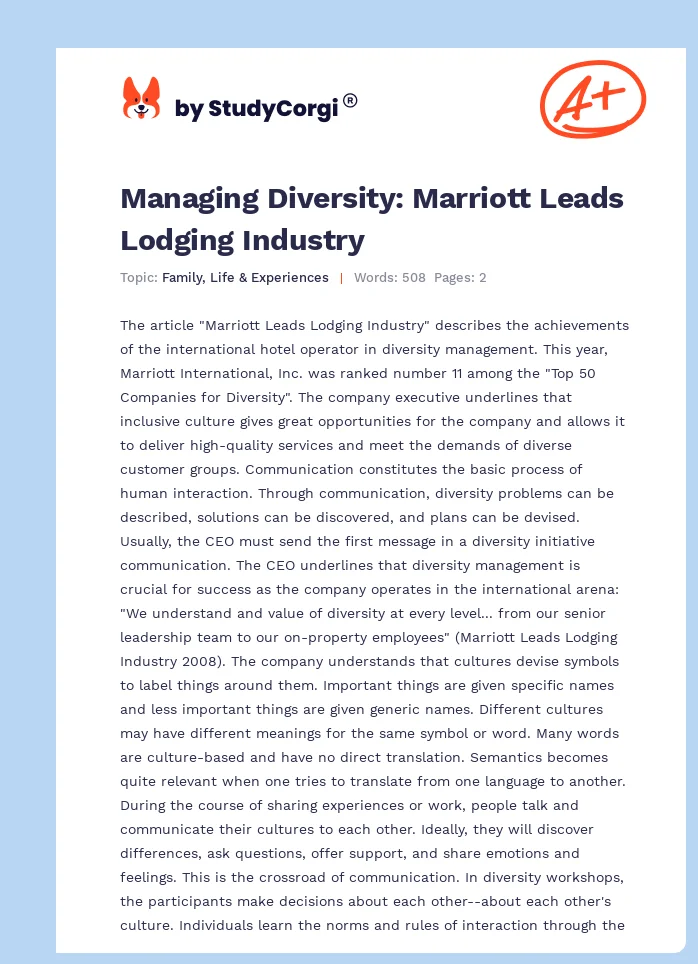 Managing Diversity: Marriott Leads Lodging Industry. Page 1