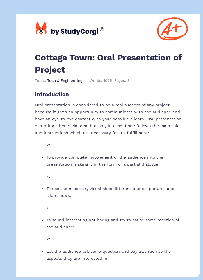 Cottage Town: Oral Presentation of Project. Page 1