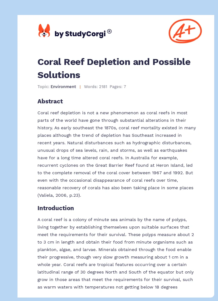 Coral Reef Depletion and Possible Solutions. Page 1