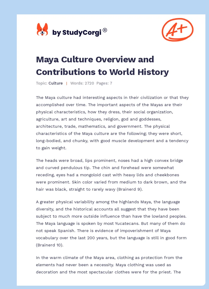 Maya Culture Overview and Contributions to World History. Page 1