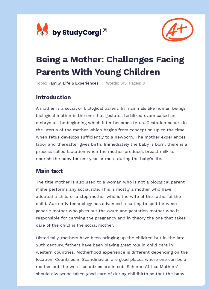Being a Mother: Challenges Facing Parents With Young Children. Page 1