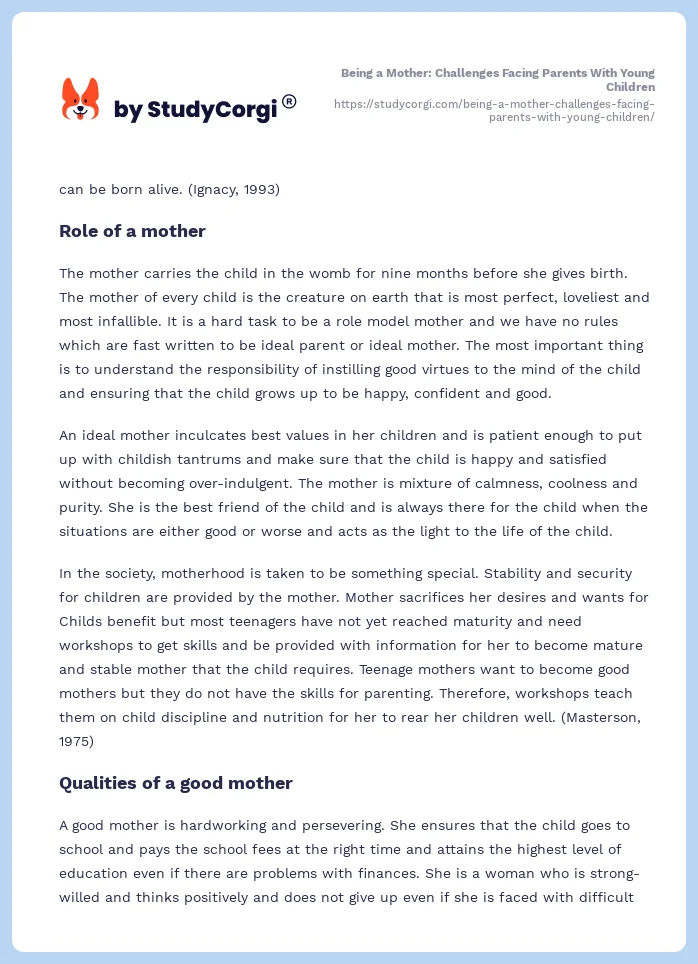 Being a Mother: Challenges Facing Parents With Young Children. Page 2