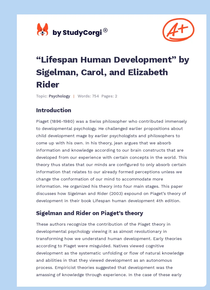 “Lifespan Human Development” by Sigelman, Carol, and Elizabeth Rider. Page 1