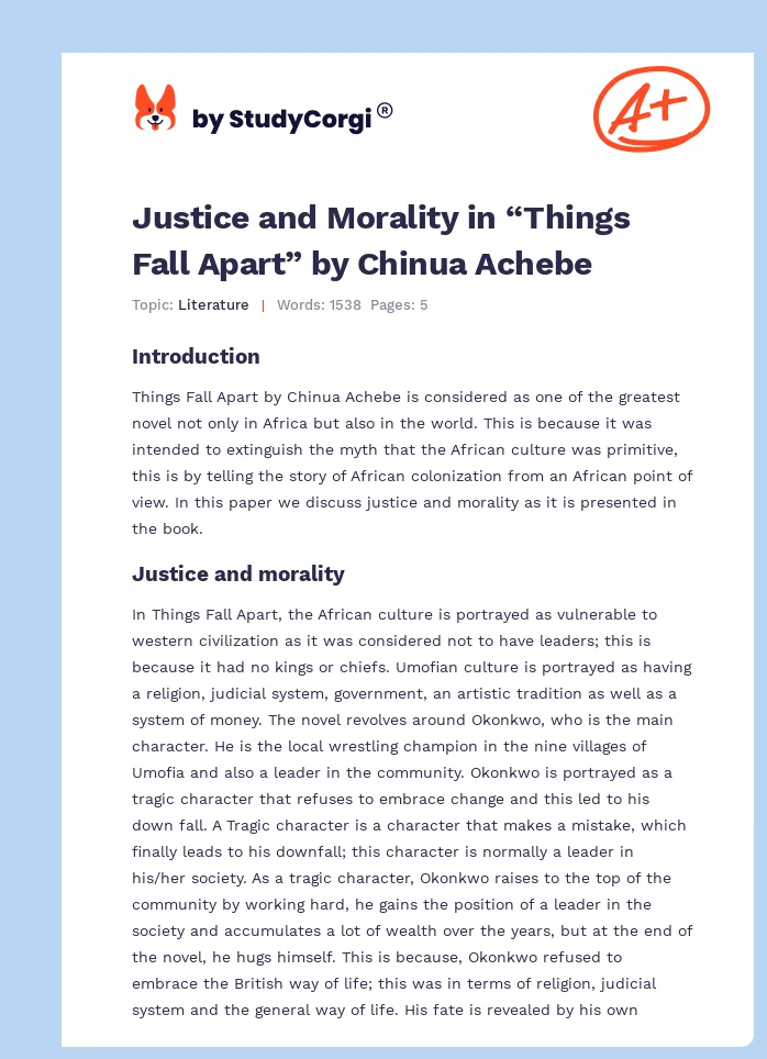 Justice and Morality in “Things Fall Apart” by Chinua Achebe. Page 1