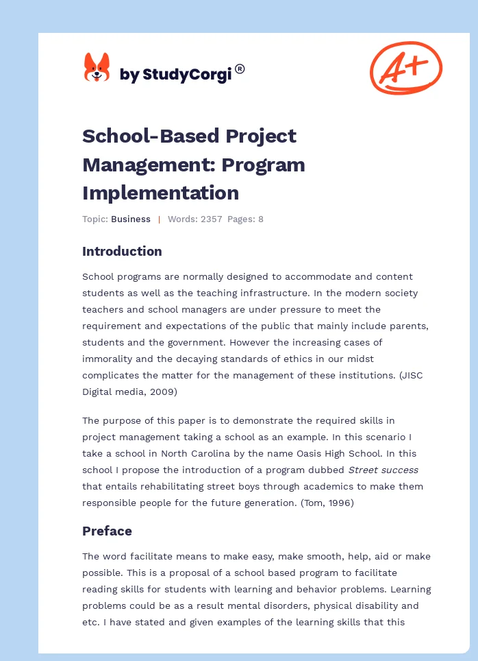 School-Based Project Management: Program Implementation. Page 1