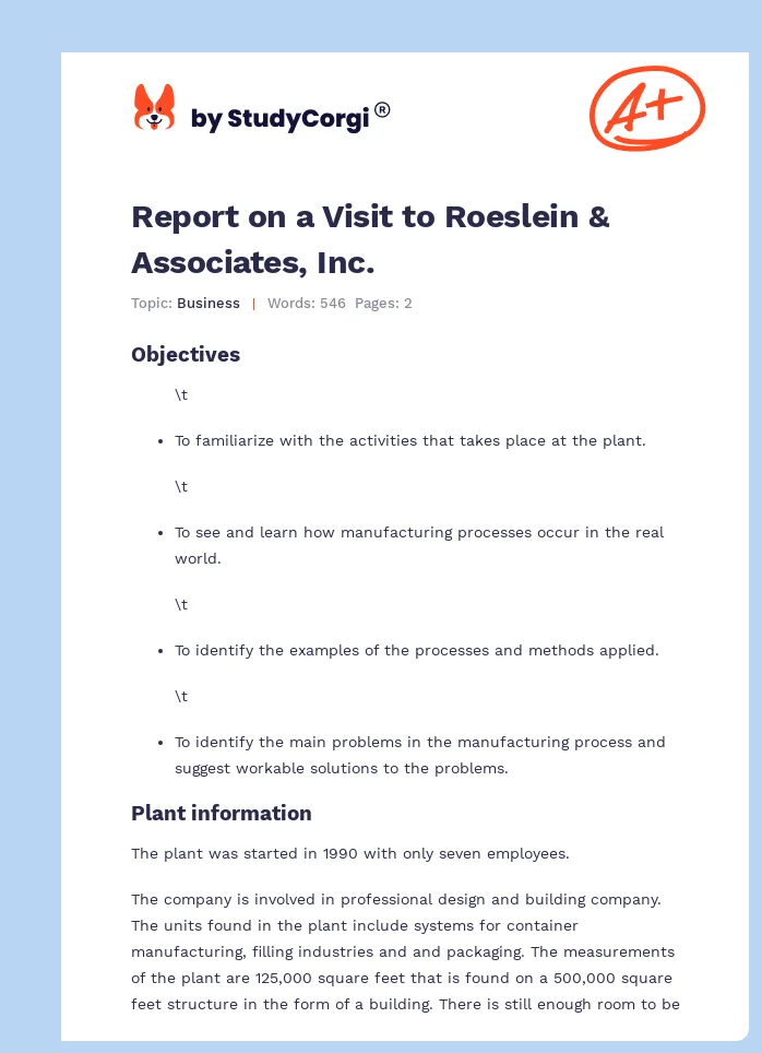 Report on a Visit to Roeslein & Associates, Inc.. Page 1