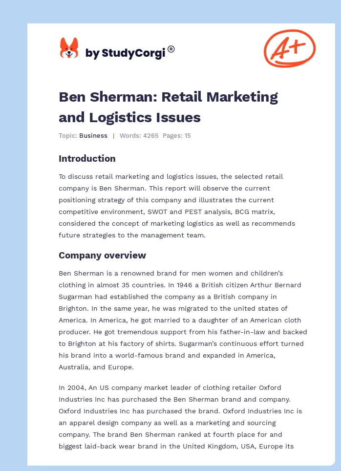 Ben Sherman: Retail Marketing and Logistics Issues. Page 1