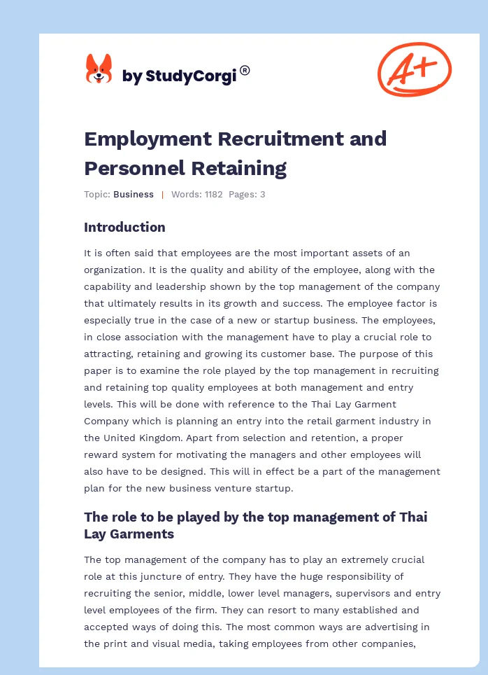 Employment Recruitment and Personnel Retaining. Page 1