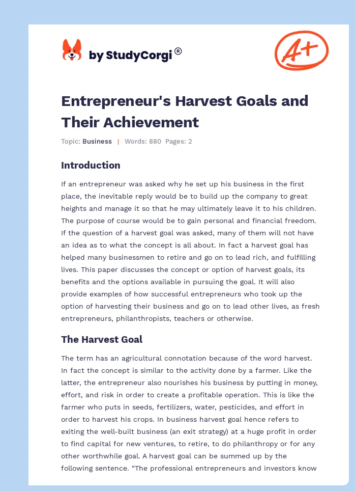 Entrepreneur's Harvest Goals and Their Achievement. Page 1