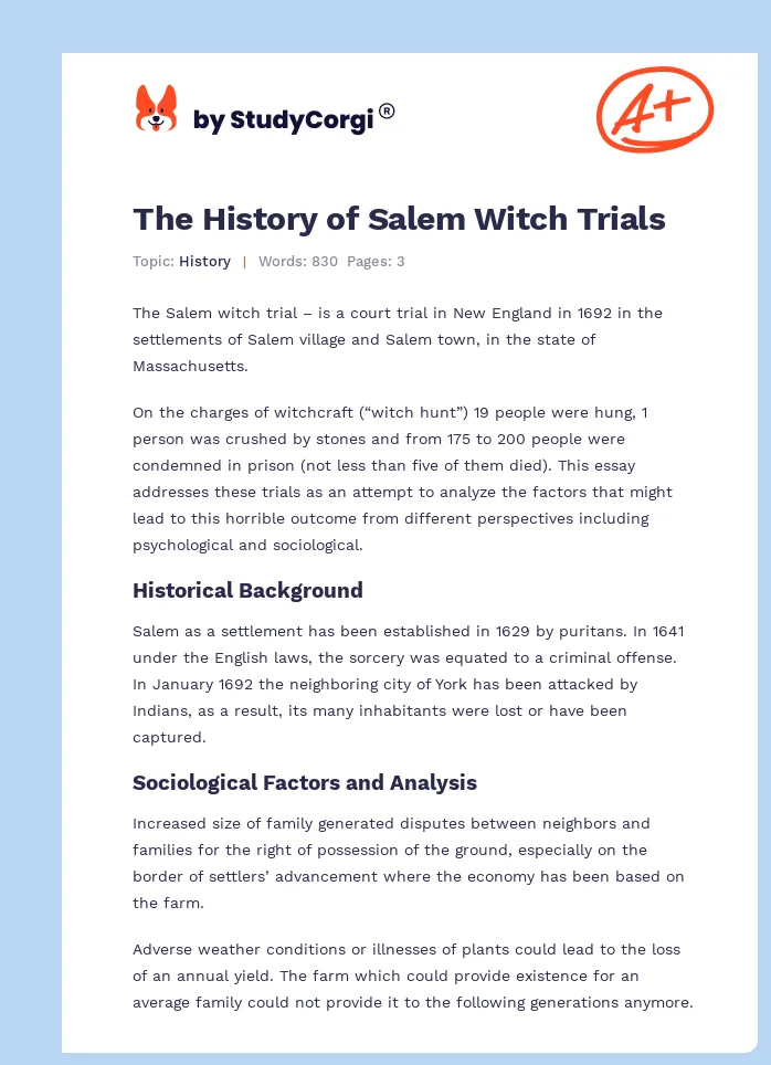 The History of Salem Witch Trials. Page 1