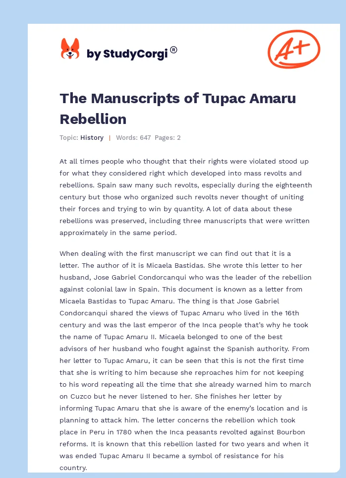 The Manuscripts of Tupac Amaru Rebellion. Page 1
