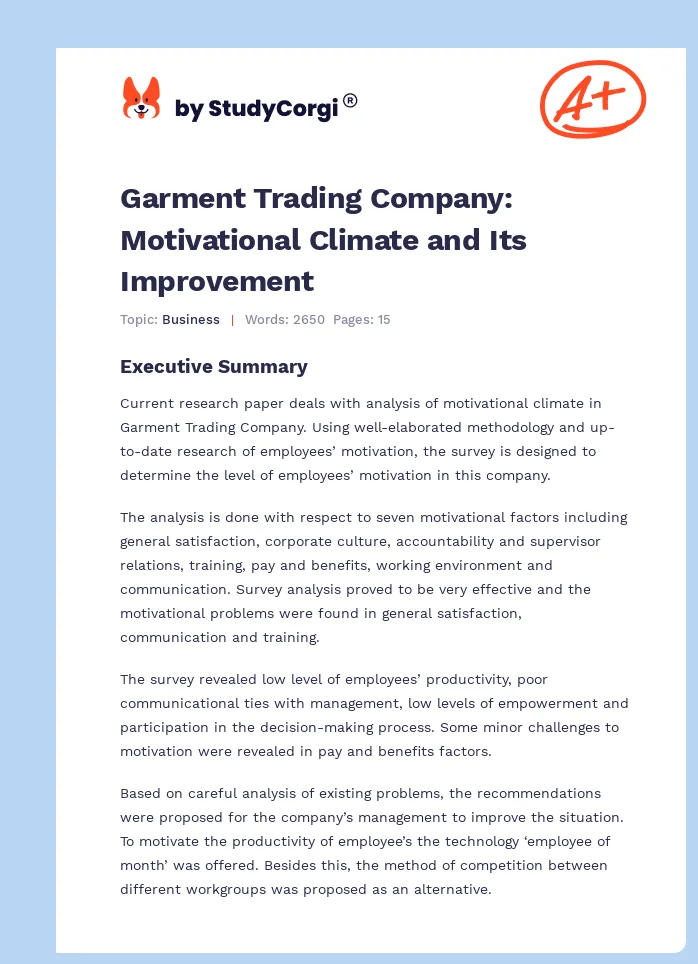 Garment Trading Company: Motivational Climate and Its Improvement. Page 1