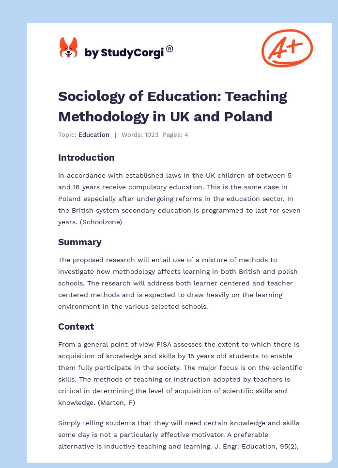 Sociology of Education: Teaching Methodology in UK and Poland. Page 1