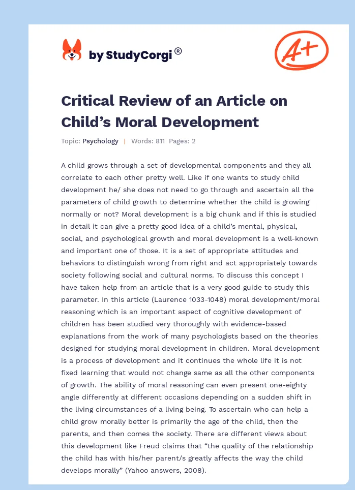 Critical Review of an Article on Child’s Moral Development. Page 1