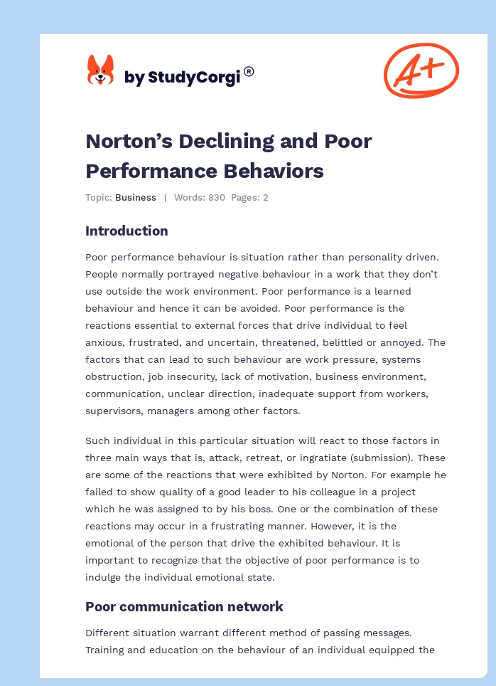 Norton’s Declining and Poor Performance Behaviors. Page 1