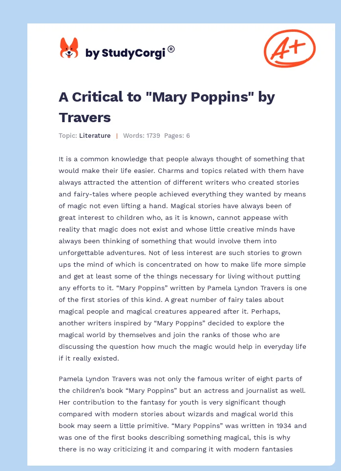 A Critical to "Mary Poppins" by Travers. Page 1