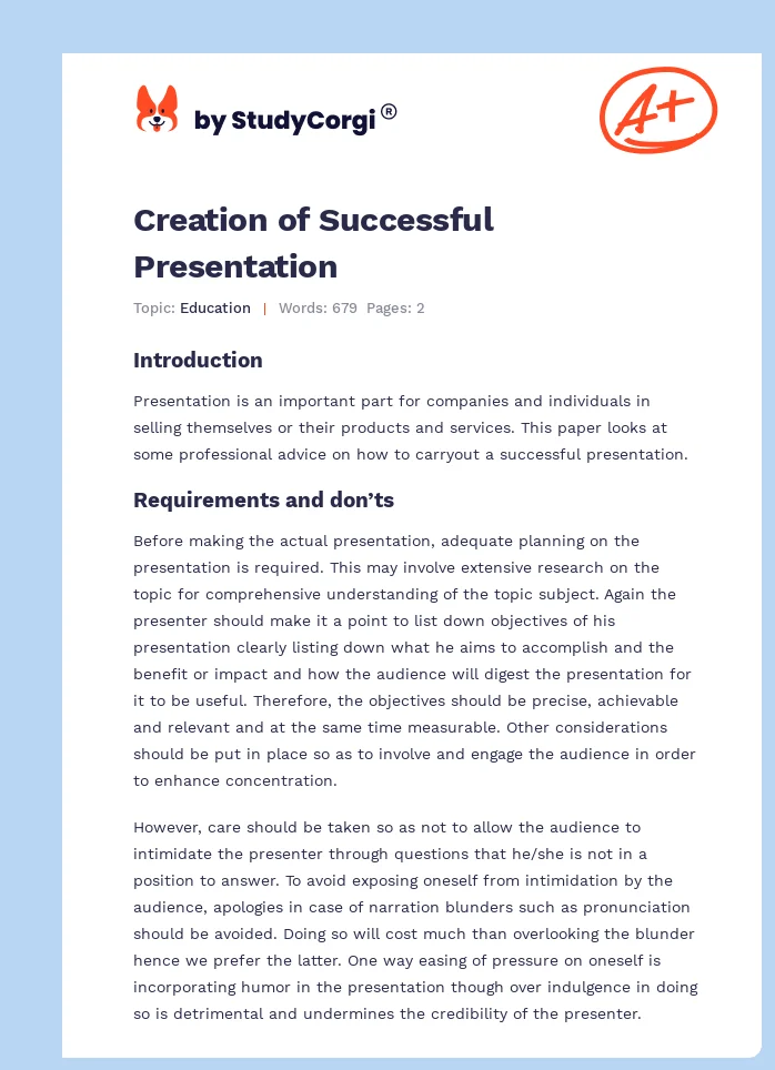 Creation of Successful Presentation. Page 1