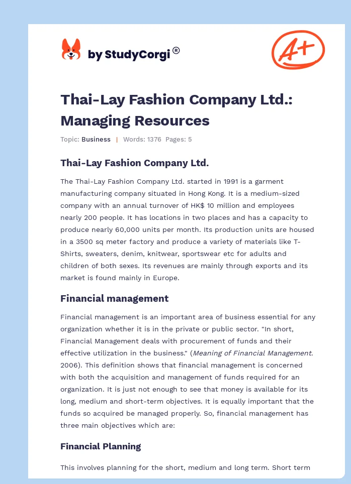 Thai-Lay Fashion Company Ltd.: Managing Resources. Page 1