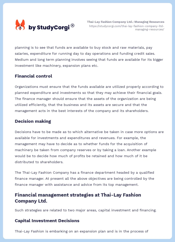 Thai-Lay Fashion Company Ltd.: Managing Resources. Page 2