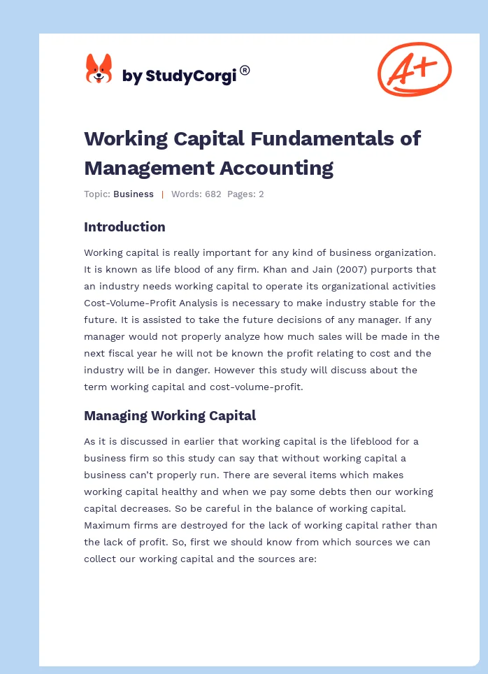 Working Capital Fundamentals of Management Accounting. Page 1