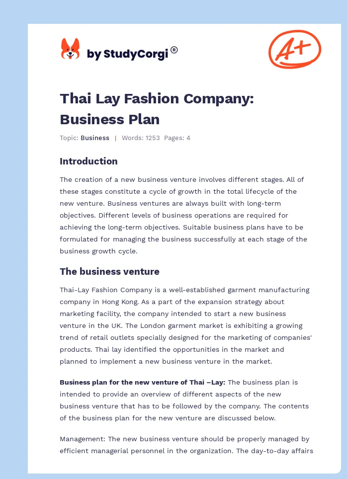 Thai Lay Fashion Company: Business Plan. Page 1