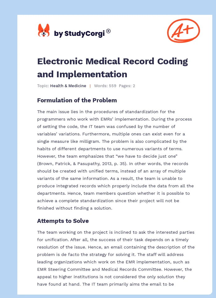 Electronic Medical Record Coding and Implementation. Page 1