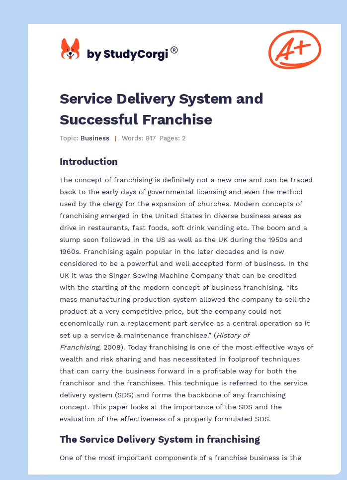 Service Delivery System and Successful Franchise. Page 1