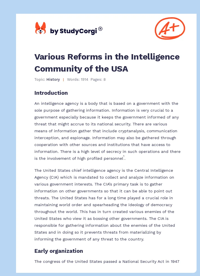 Various Reforms in the Intelligence Community of the USA. Page 1