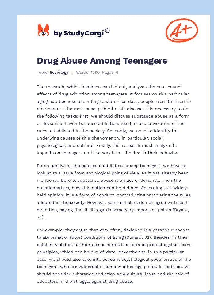 Drug Abuse Among Teenagers. Page 1