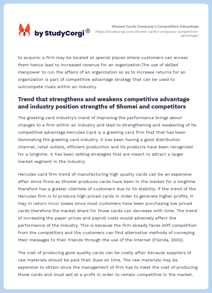 Shomei Cards Company's Competitive Advantage. Page 2