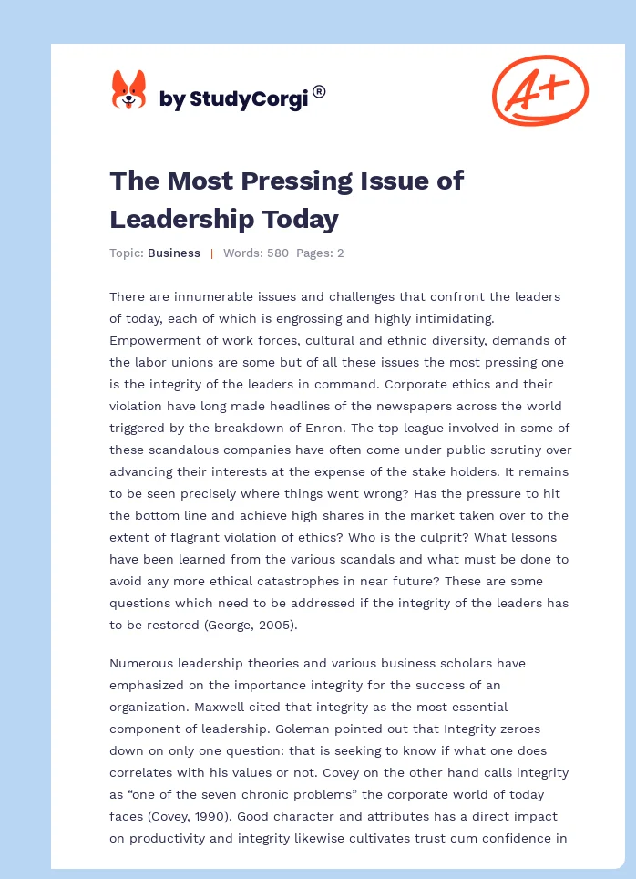 The Most Pressing Issue of Leadership Today. Page 1