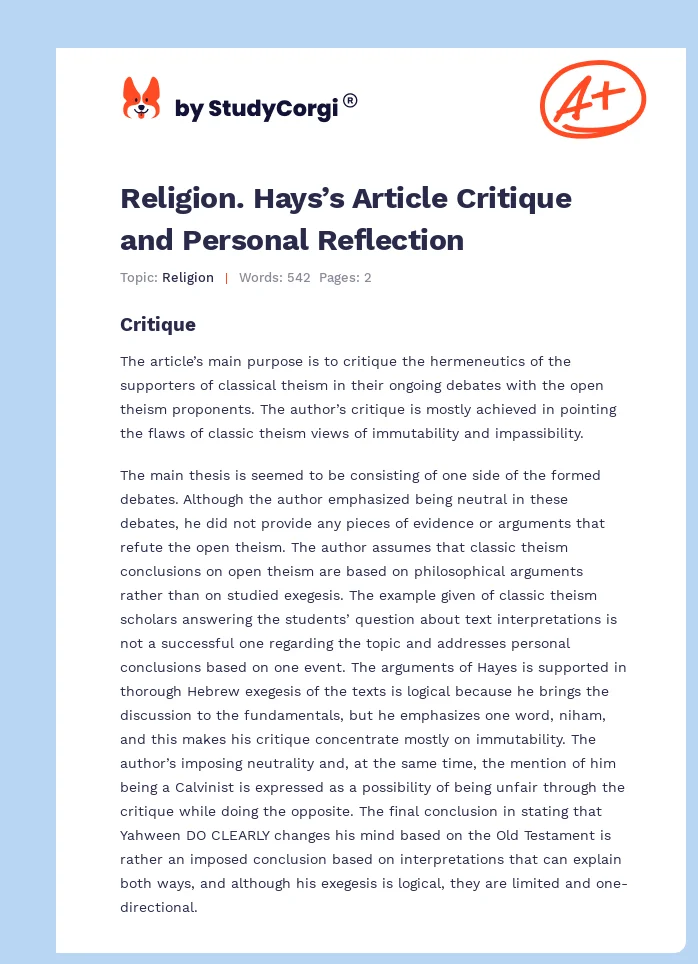 Religion. Hays’s Article Critique and Personal Reflection. Page 1