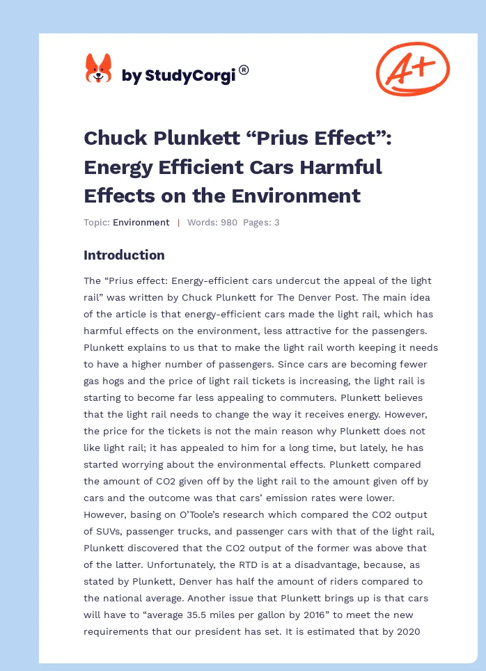 Chuck Plunkett “Prius Effect”: Energy Efficient Cars Harmful Effects on the Environment. Page 1