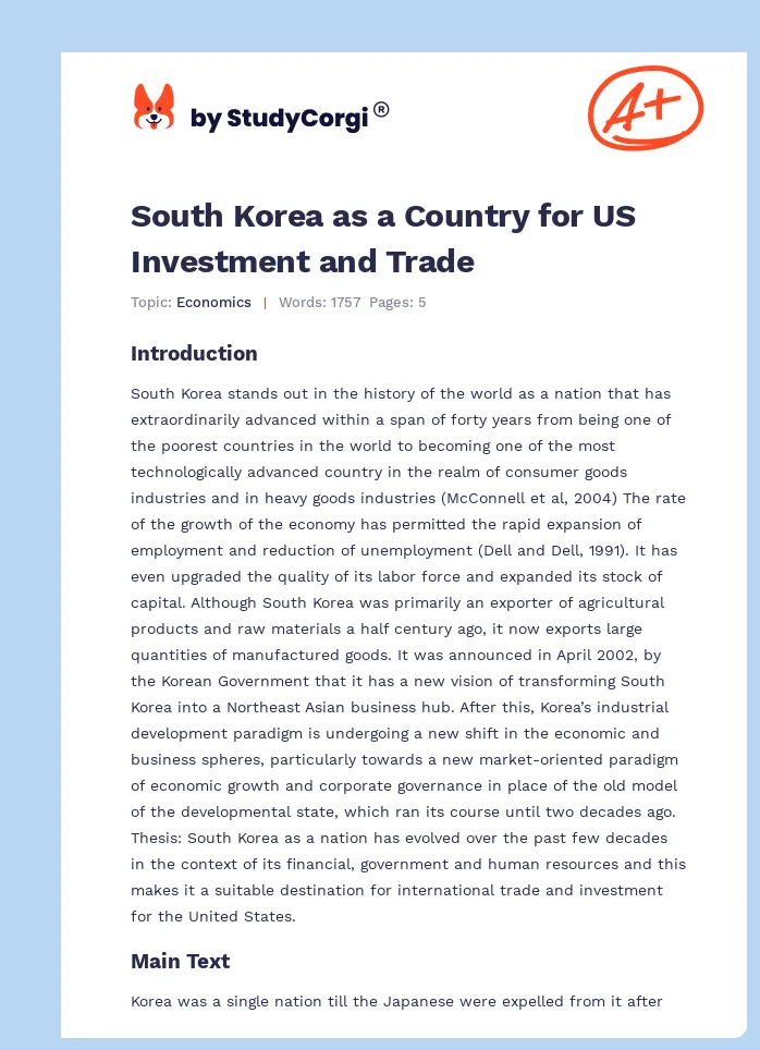South Korea as a Country for US Investment and Trade. Page 1