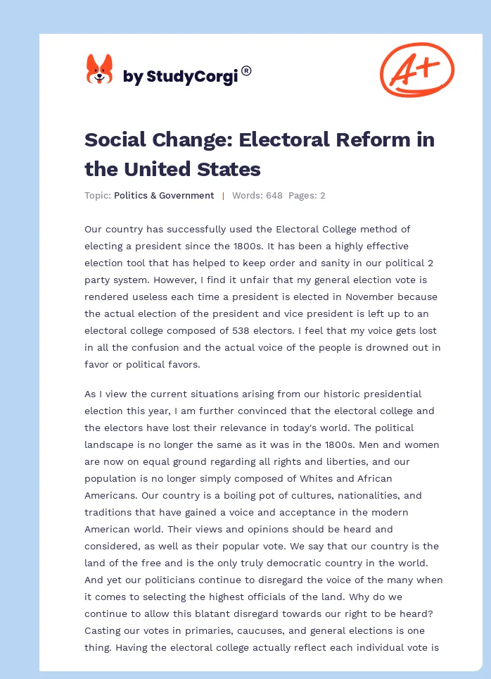 Social Change: Electoral Reform in the United States. Page 1