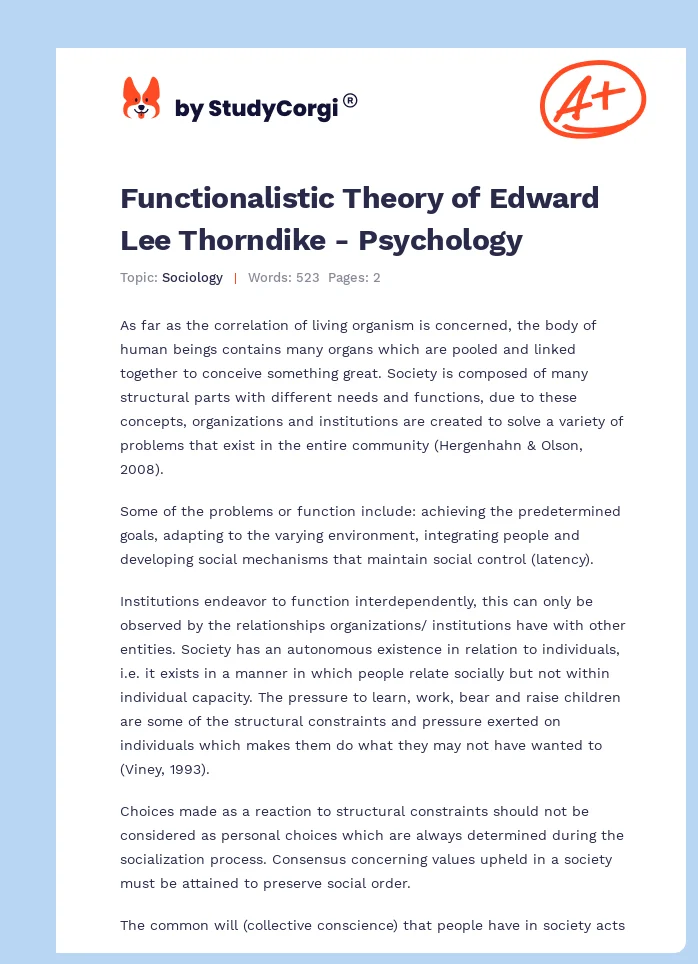 Functionalistic Theory of Edward Lee Thorndike - Psychology. Page 1