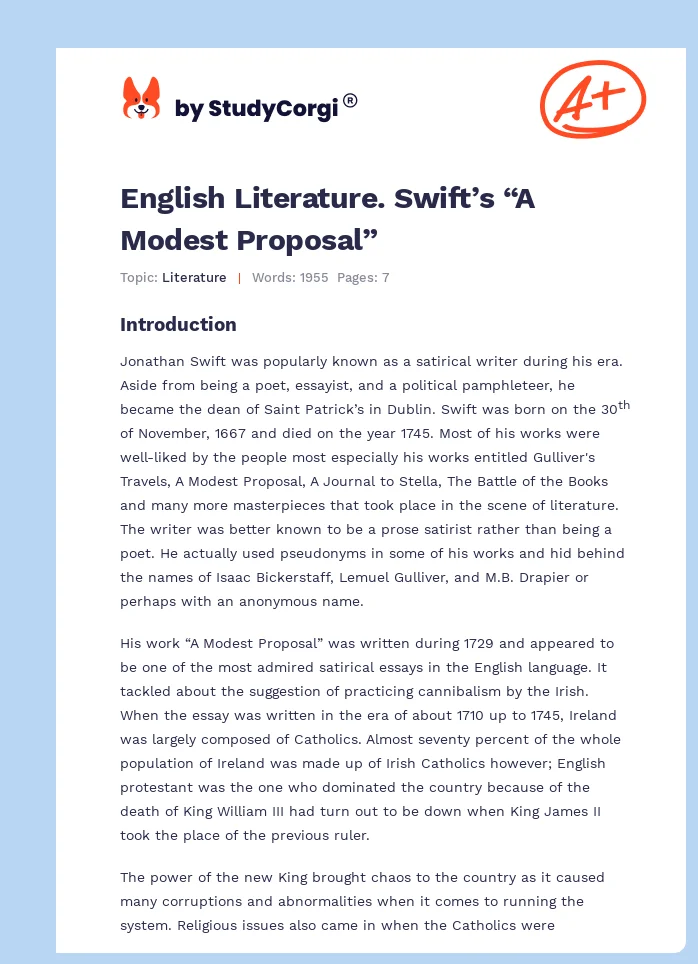 English Literature. Swift’s “A Modest Proposal”. Page 1