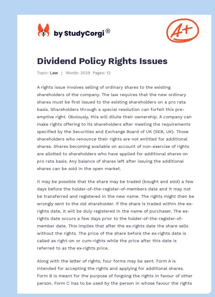 Dividend Policy Rights Issues. Page 1