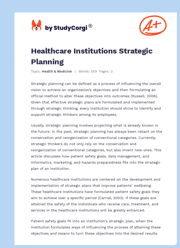 Healthcare Institutions Strategic Planning. Page 1