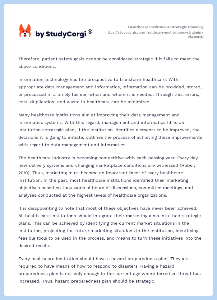 Healthcare Institutions Strategic Planning. Page 2