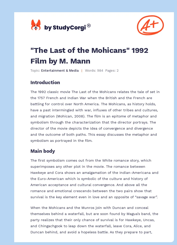 "The Last of the Mohicans" 1992 Film by M. Mann. Page 1