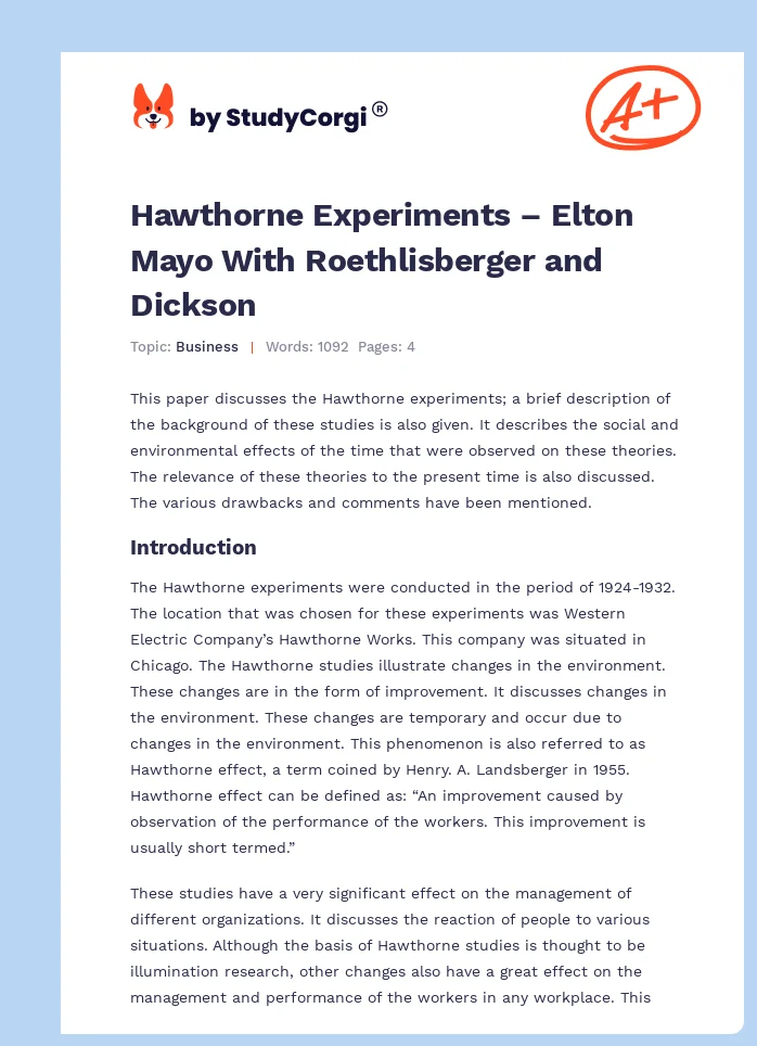 Hawthorne Experiments – Elton Mayo With Roethlisberger and Dickson. Page 1